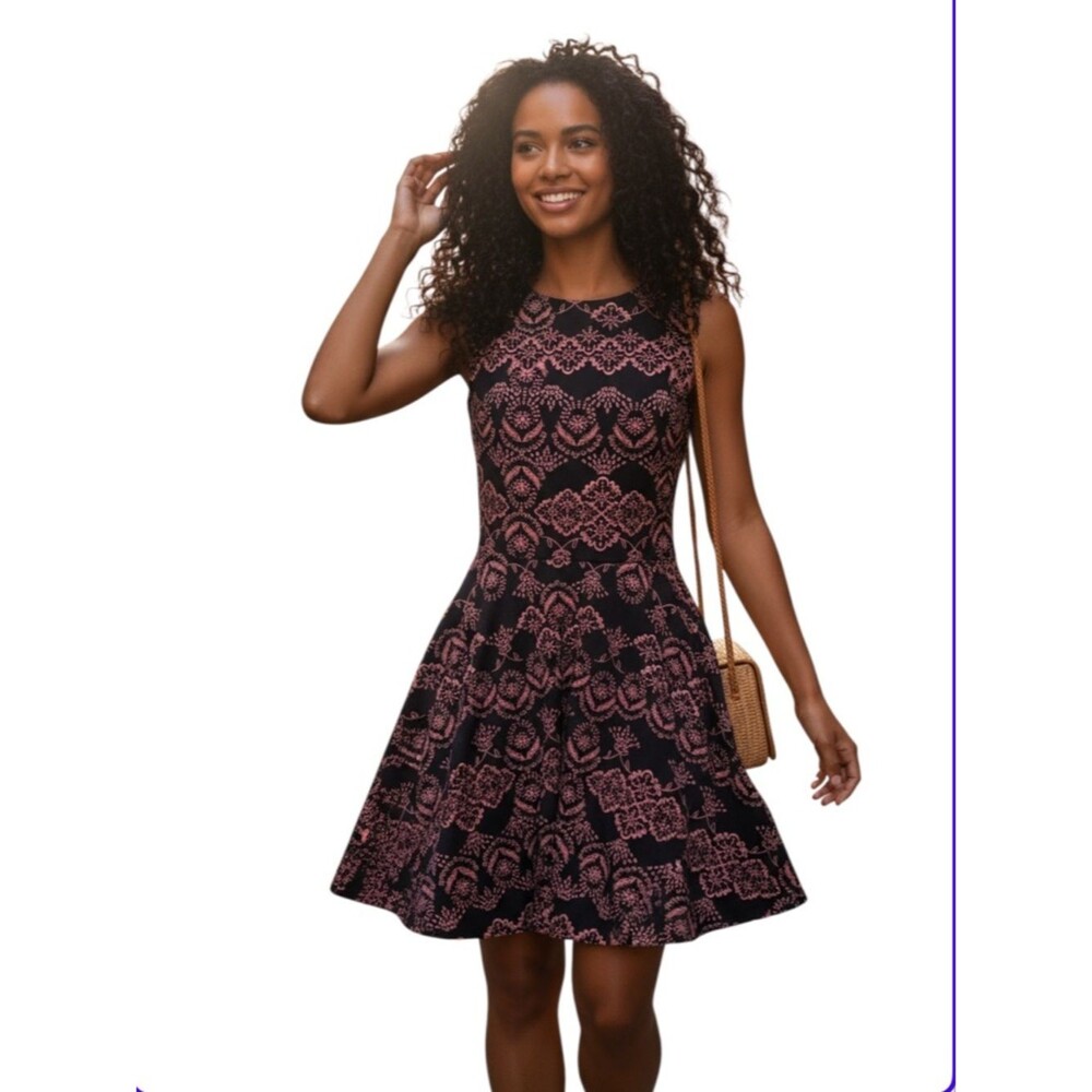 APRICOT Black Dress with Orange Floral Lace Print Sleeveless Fit & Flare Sz M